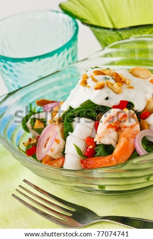 Thai fusion food, Fern and seafood salad with sour and spicy coconut milk dressing.