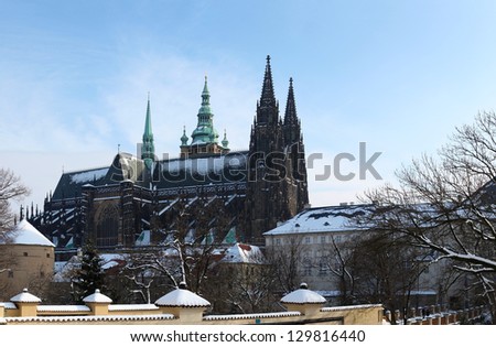 St Vitus cathedral at Prague Castle in winter with snow