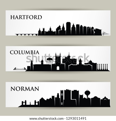 United States of America cities skylines - Hartford, Connecticut, Columbia, Missouri, Norman, Oklahoma - isolated vector illustration