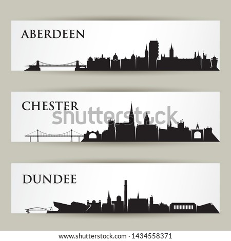 United Kingdom skylines - Chester, Aberdeen, Dundee - UK, Great Britain, England, Scotland - isolated vector illustration