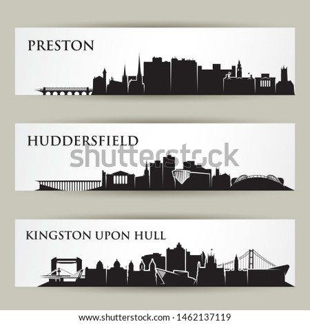 England cities skylines - Preston, Huddersfield, Kingston upon Hull, United Kingdom, UK, Great Britain - vector illustration