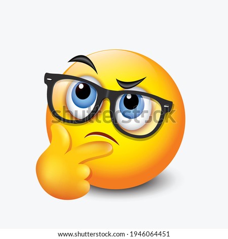 Thinking emoticon - question face emoji with eyeglasses - vector illustration
