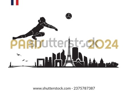 Paris skyline with volleyball player - France 2024 - isolated vector illustration