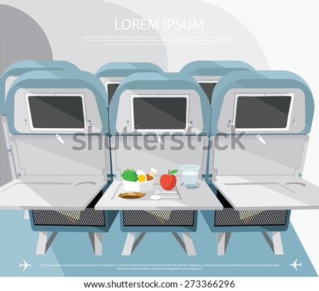 Airplane seats with opened tables, food and drink - vector illustration