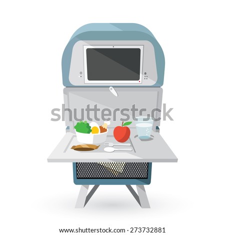 Airplane seat with opened tables, food and drink - vector illustration