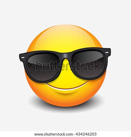 Cute smiling emoticon wearing black sunglasses, emoji, smiley - vector illustration