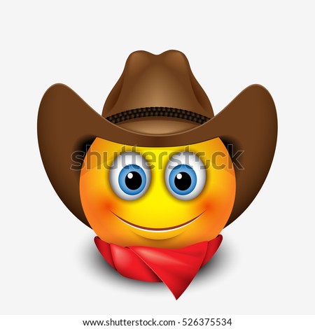 Cute smiling emoticon wearing cowboy hat, emoji, smiley - vector illustration