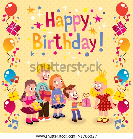 Kids Giving Gifts Birthday Card Stock Vector Illustration 91786829 ...