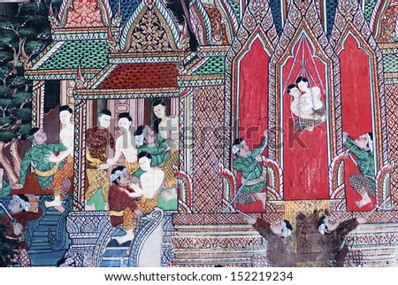 RATCHBURI, THAILAND - APRIL 13 : Details of Thai mural painting at Kongkaram Temple on April 13, 2013 in Ratchburi, Thailand. Scenes from previous life of Buddha are often shown in Thai temple\'s walls