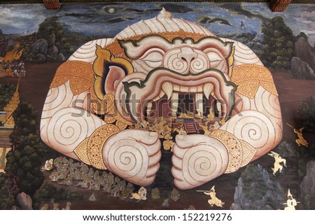 BANGKOK, THAILAND - APRIL 15: Thai mural paintings at Wat Phra Kaew on April 15, 2007 in Bangkok, Thailand. Scenes from Ramakian or Ramayana story are painted in the gallery along the temple\'s wall.