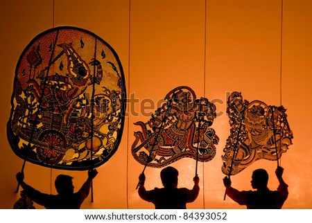 RATCHBURI, THAILAND - APRIL 13: Large Shadow Play is performed at Wat Khanon on April 13, 2010. Large Shadow Play or Nang Yai is a performing art which Wat Khanon tries to preserve as a Thai heritage