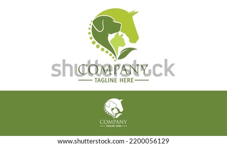 Green Color Horse, Dog, Cat Animal With Leaf Logo Design