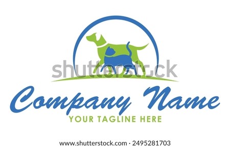 Blue and Green Walking Color Dog and Cat Logo Design