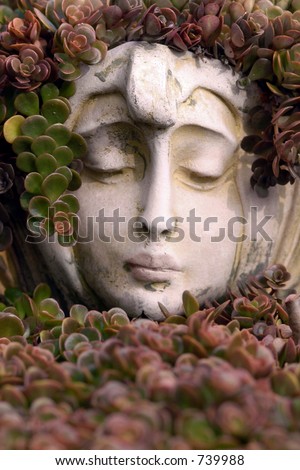 A planter in a botanical garden has a woman\'s face where the plants seem to be her hair