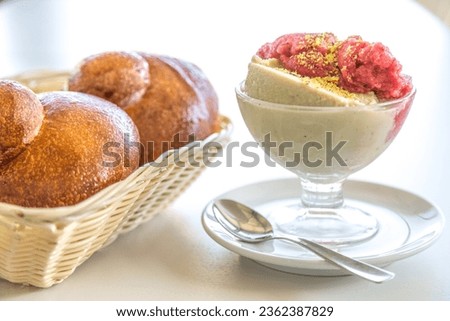 Similar – Foto Bild Frische Erdbeerbrioche auf einem Marmortisch im Entstehen