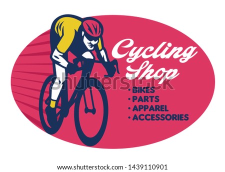 cycling shop signage design with man riding road bike bicycle