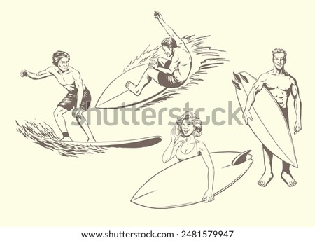 Vintage Illustration Set of Man and Women Surfer