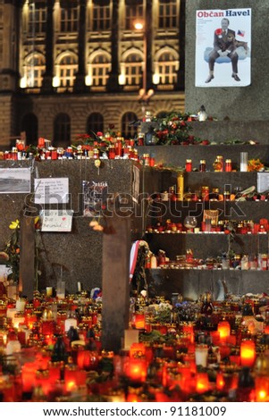 PRAGUE, CZECH REPUBLIC - DECEMBER 20: Hundreds of people leave lit candles in honor of the late activist Vaclav Havel on December 20, 2011 at Wenceslas square in Prague, Czech republic.