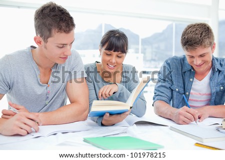 A group of smiling students sitting together as they all study