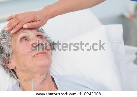 Nurse touching the forehead of a patient in hospital ward
