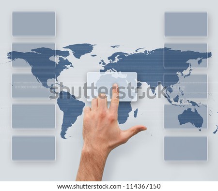 Hand selecting box on digital menu on world map background