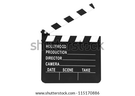 Film slate standing open against white background