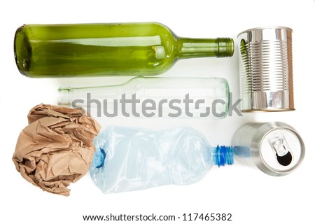 Plastic paper glass and mteallic recyclable waste on white background