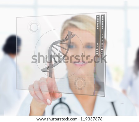 Woman pressing on DNA helix interface hologram