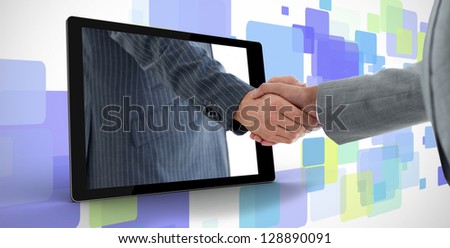 Businessman reaching out from tablet and shaking hands with other man on purple digital background