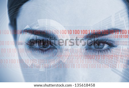 Businesswoman with bulb head multiplied on grey background standing in a row