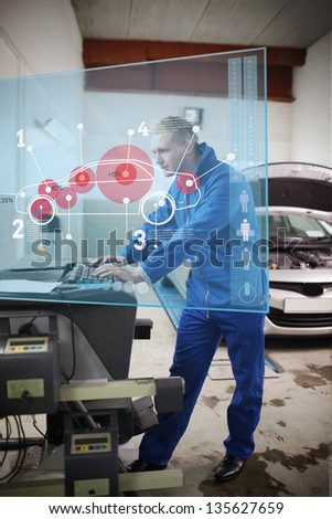 Mechanic typing something while consulting futuristic interface with car diagram and statistics