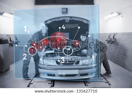 Smiling mechanics consulting futuristic interface with car diagram and statistics in black and white