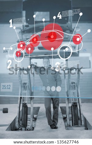Confident mechanic standing under futuristic interface with car diagram and statistics in black and white