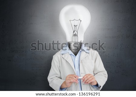Man with lit up bulb for a head against grey background