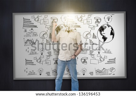Man with light bulb head lighting asking question in front of whiteboard