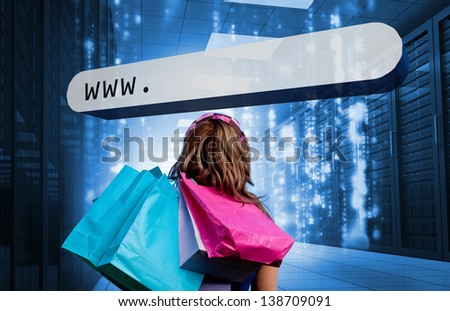 Girl holding shopping bags looking at address bar in data center with matrix