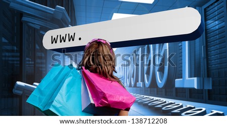 Girl with shopping bags looking at address bar floating in data center with binary code