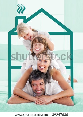 Family having fun doing a piggyback over house representation in green