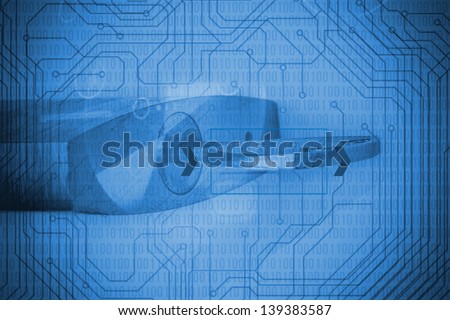 Key opening a padlock with circuit board on the background