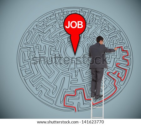Businessman on a ladder trying to find a job in a maze on grey wall