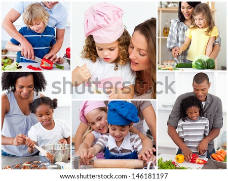 Collage of cute families cooking together