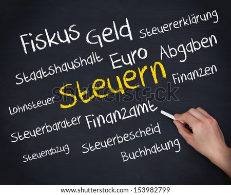 Hand holding a chalk and writing several words about tax in german in white and yellow