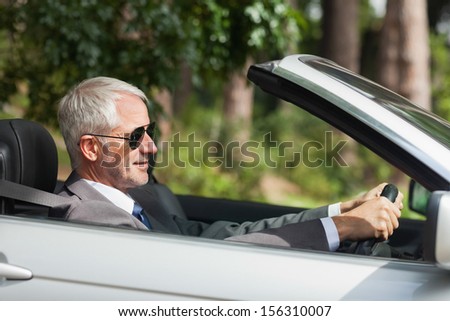 Relaxed businessman driving classy cabriolet on sunny day