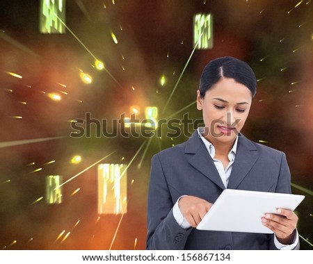 Composite image of saleswoman with her touch screen computer on futuristic galaxy background