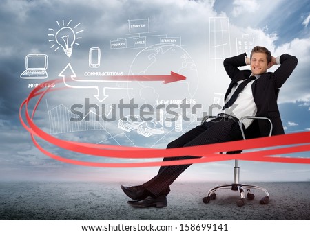 Businessman sitting in front of brainstorming drawings in cloudy landscape