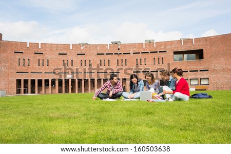 Group of young students using laptop in the lawn against college building