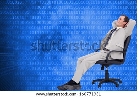 Composite image of side view of businessman leaning back in his chair against a white background