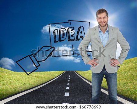 Composite image of stylish man smiling with hands on hips on white background