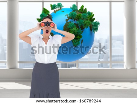 Composite image of shocked elegant businesswoman looking through binoculars while posing