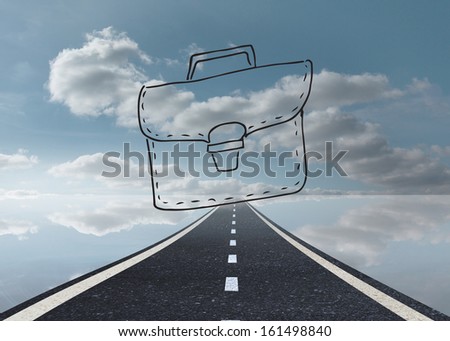 Drawn bag on sky background with road